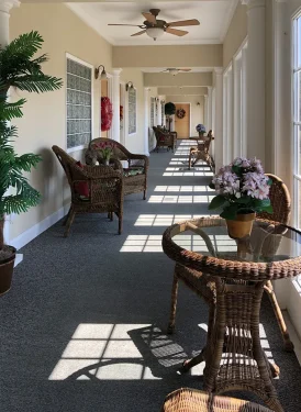 Sunlit hallway at LaMoor Commons featuring wicker furniture, potted plants, glass tables, and soft natural lighting through large windows